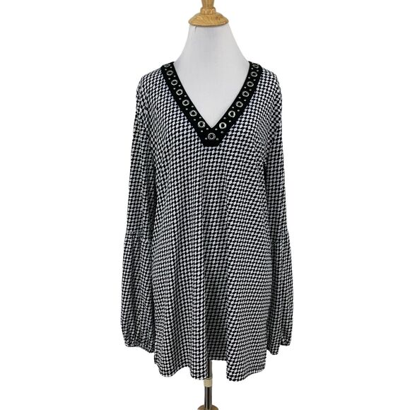 Michael Kors Top Womens XL Extra Large Black White Grommet V Neck Puff Sleeve - Picture 1 of 12